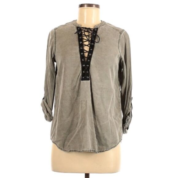 Gray Lace Up Express Blouse - Picture 1 of 7